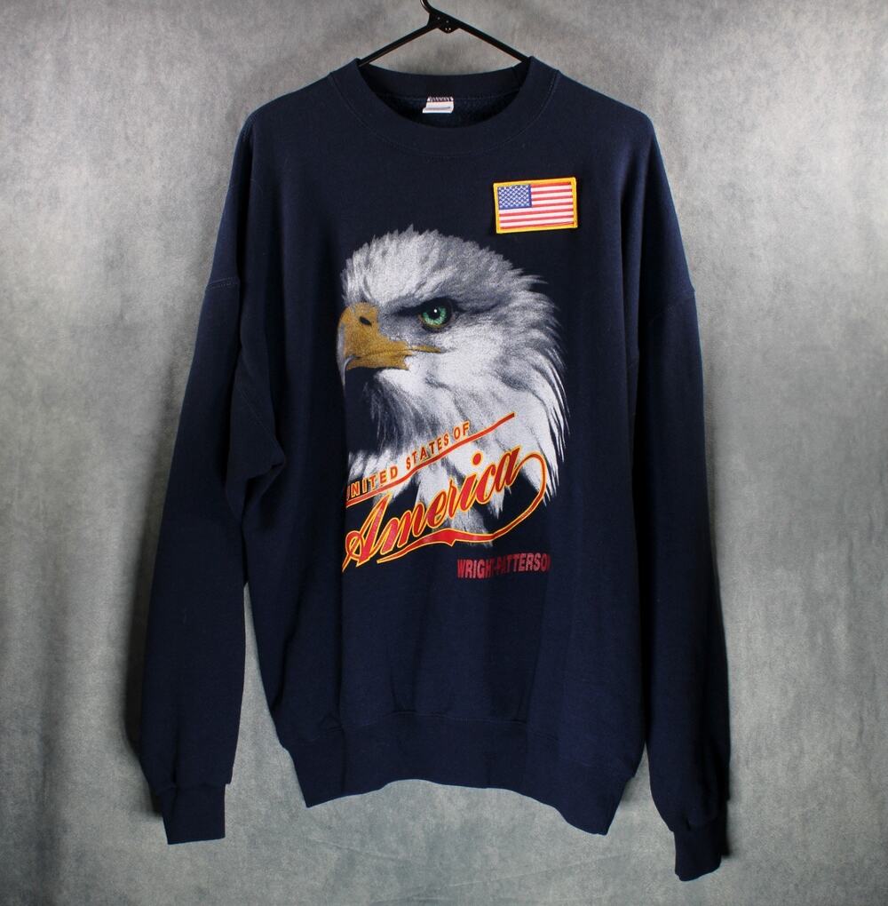 Vintage 90s Wright Patterson AFB Bald Eagle US Flag Sweatshirt XL USA Made